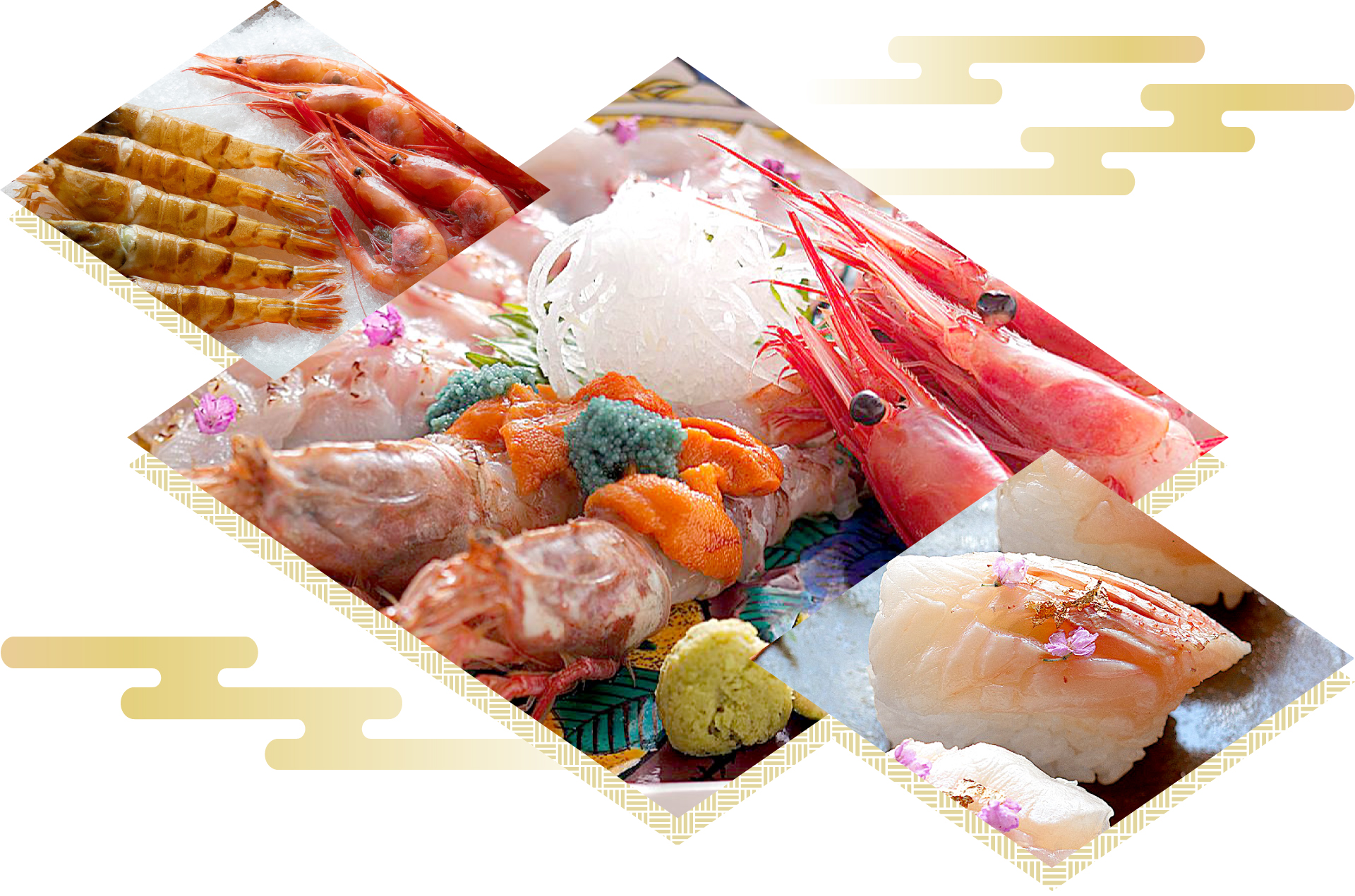石川の旬の人気食材。ガスエビ・甘海老などの旬の魚介のお造り、人気の郷土料理「加賀治部煮」風の鍋仕立て