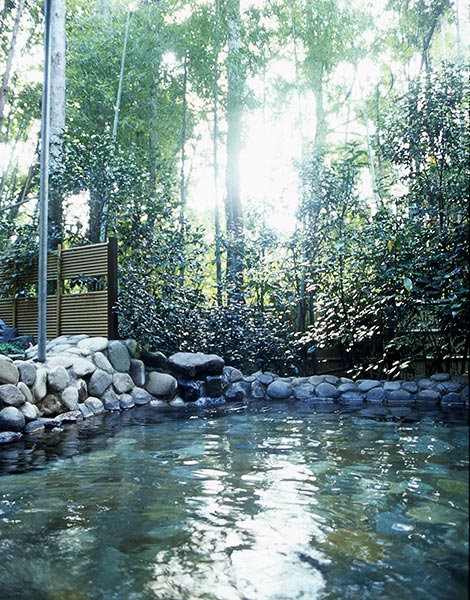 竹林の眺めに癒され、湯浴みを楽しむ。